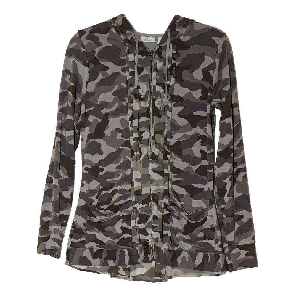 LOGO Lounge Jacket Women Size XS Camo Hood & Pockets Loose Flowy Sheer Hi Lo Hem